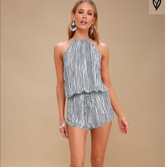 Lulus Pants - Fortuitous Navy Blue Striped Halter Romper
